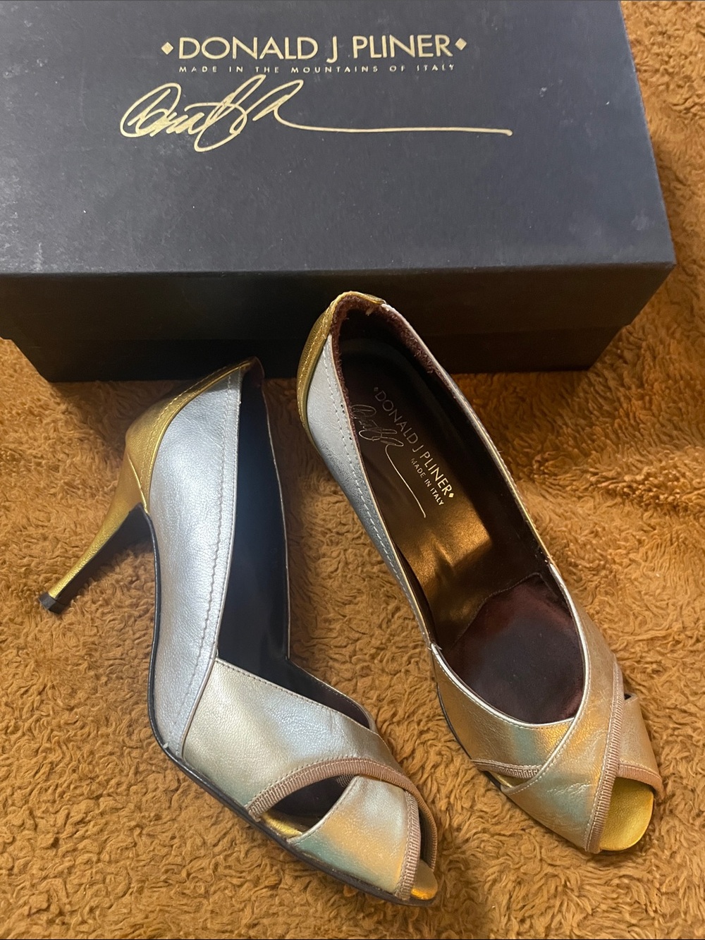Donald J. Pliner Metallic Gold and Silver Peep-Toe Heels